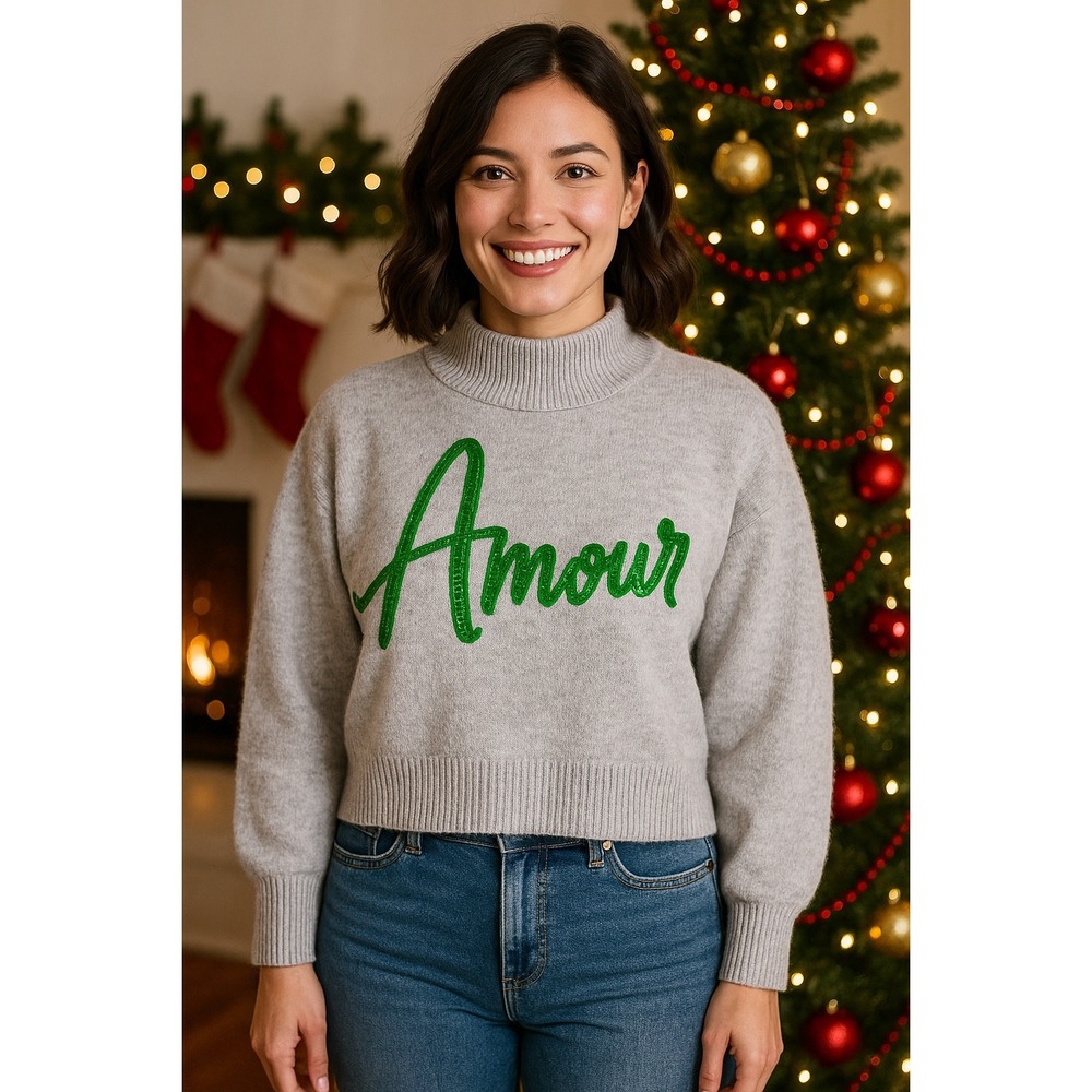 A New Day Grey "Amour" Sequin‎ Mock Neck Sweater Size S